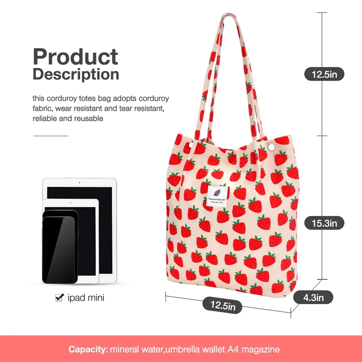 Sac fourre-tout en velours côtelé, fourre-tout mignon pour femmes, sac à bandoulière avec poche intérieure pour le travail, la plage, les voyages et le shopping, l'épicerie