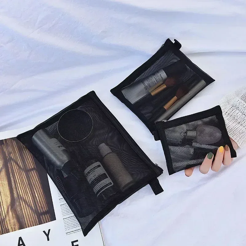 sacs de maquillage de lavage de toilette, trousse de maquillage en maille transparente noire, pochette de rangement, sac à cosmétiques de voyage pour femmes, fermeture éclair décontractée