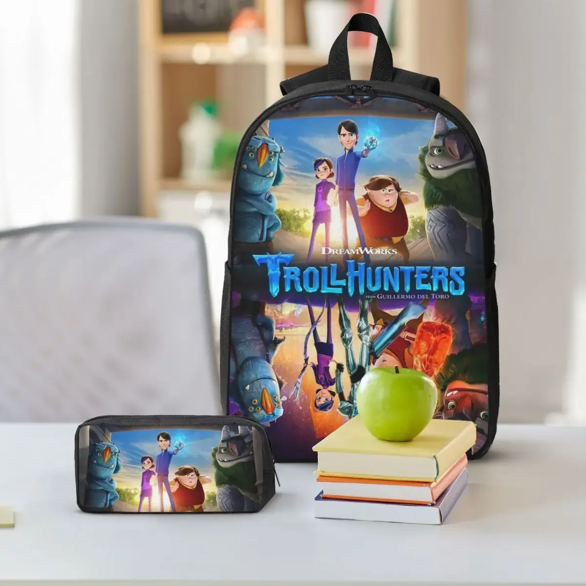 dessin animé trollhunters sac à dos étudiant garçons filles bookbag sac d'école ordinateur sacs à bandoulière 3ps sac à déjeuner isolé trousse à crayons