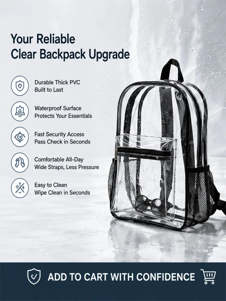 sac à dos transparent robuste en pvc, approuvé pour les stades, contrôle de sécurité rapide, pour l'école, l'université, le travail, les festivals de musique