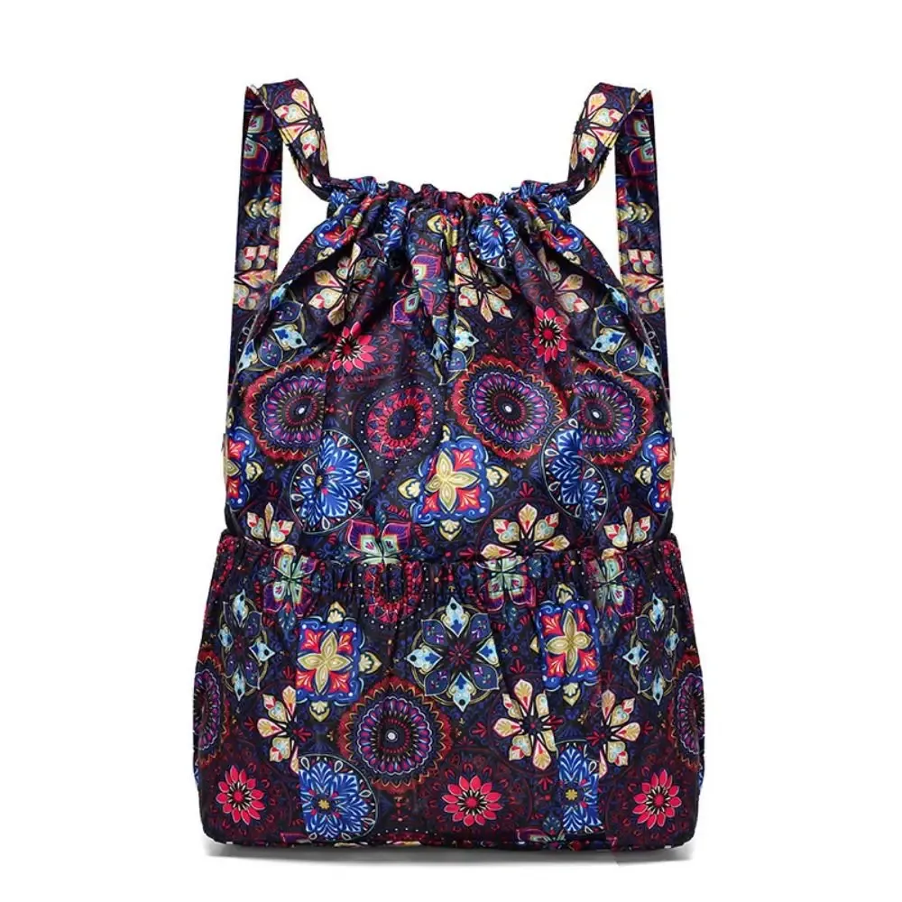 sac à dos décontracté à imprimé floral avec cordon de serrage, imperméable, grande capacité, en polyester, pour le sport et l'école, pour femmes