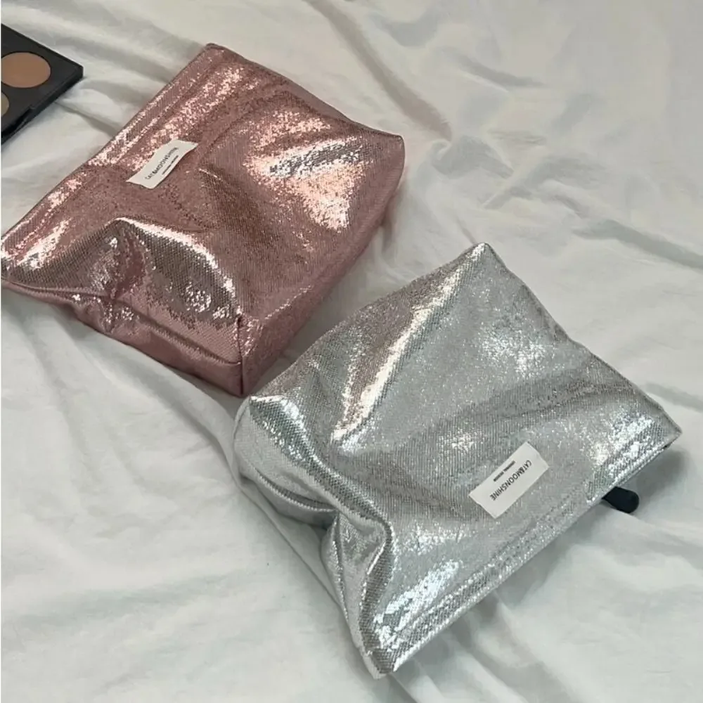 sac de maquillage à paillettes brillantes pour femmes, sac à cosmétiques argenté champagne, couleur unie, sac de rangement pour articles de toilette et soins de la peau