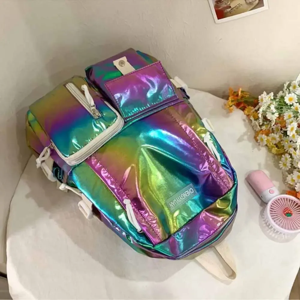 Sac à dos laser créatif multi-poches, grande capacité, sac à main, sac d'école pour étudiants, sac de voyage de style coréen, sac à bandoulière, sac d'extérieur