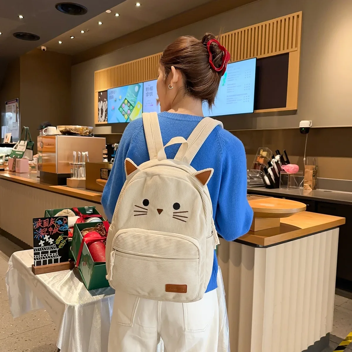 sacs à dos de grande capacité pour femmes, sac à bandoulière de bonne qualité pour filles, motif de chat de dessin animé, sacs à main en tissu doux pour femmes