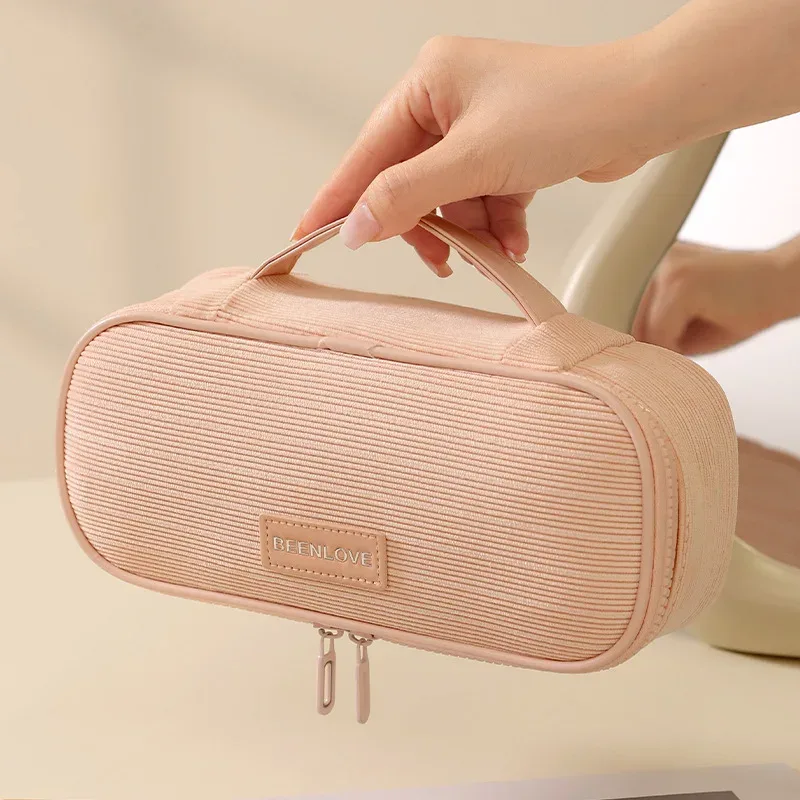sac de rangement de maquillage de voyage en velours côtelé pour femmes, sac à cosmétiques portable à fermeture éclair avec poignée carrée, pochette de lavage de toilette de grande capacité