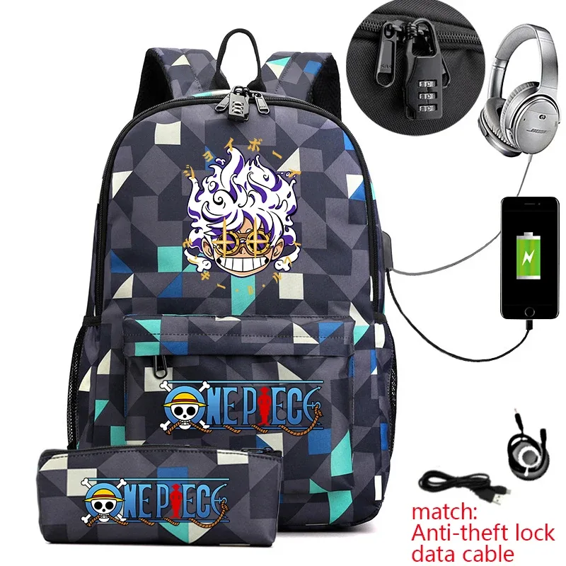 sac à dos d'étudiant imprimé one piece luffy, sac d'école décontracté antivol avec trousse à crayons pour garçons et filles