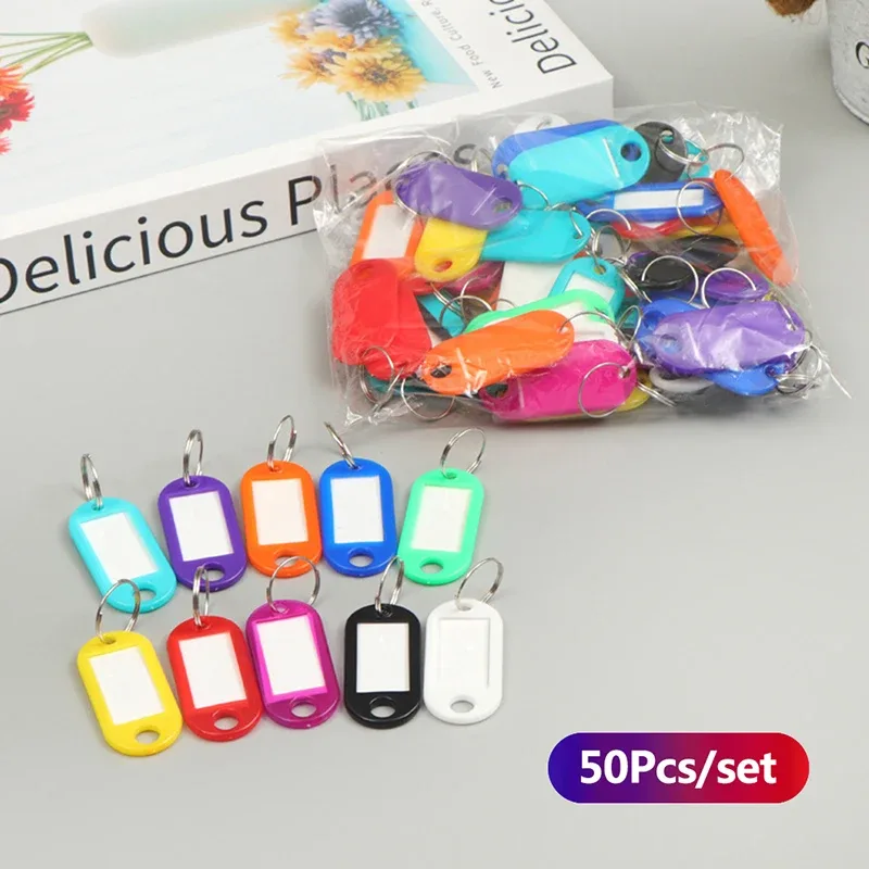 porte-clés coloré, étiquette de clé, nom d'identification, adresse de salle, marqueur de numéro tel, étiquette de bagage avec anneau fendu, 50 pièces