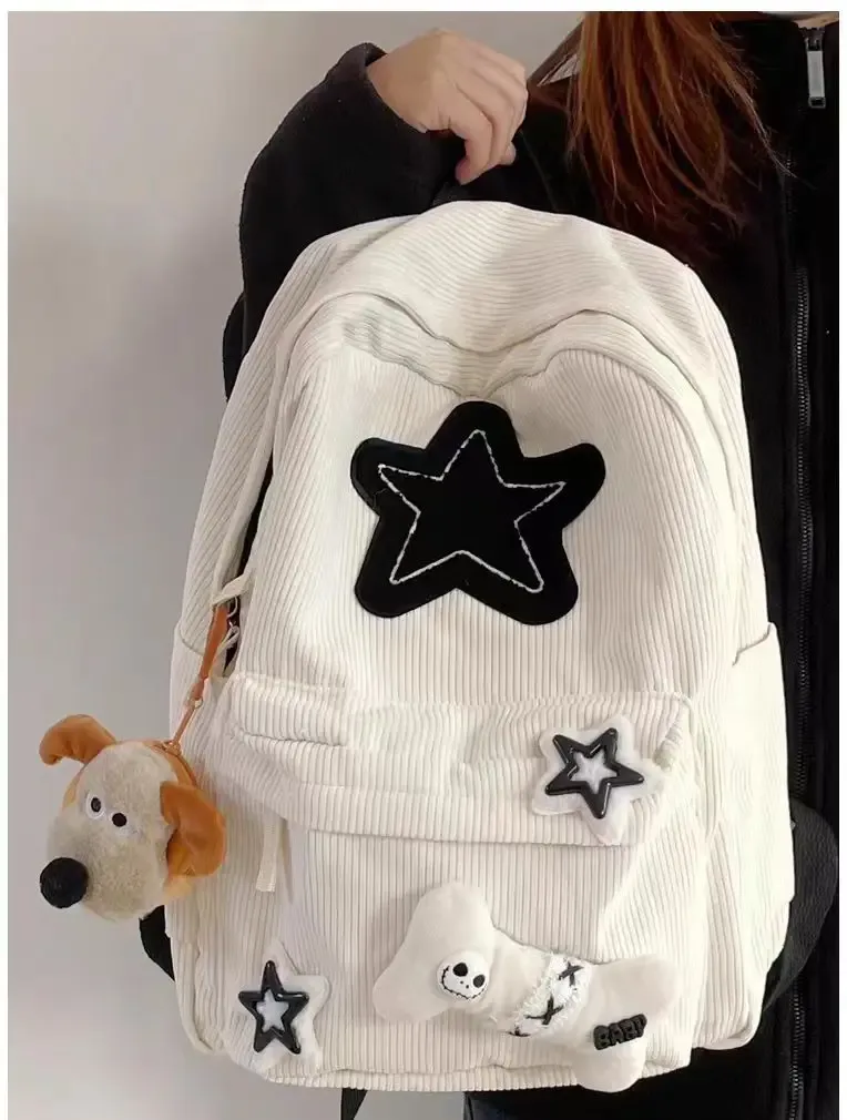 sac à dos d'école de grande capacité pour adolescentes y2k, sac à dos pour ordinateur portable à motif d'étoile pour filles, sac à dos en velours côtelé, sac à bandoulière à double sangle