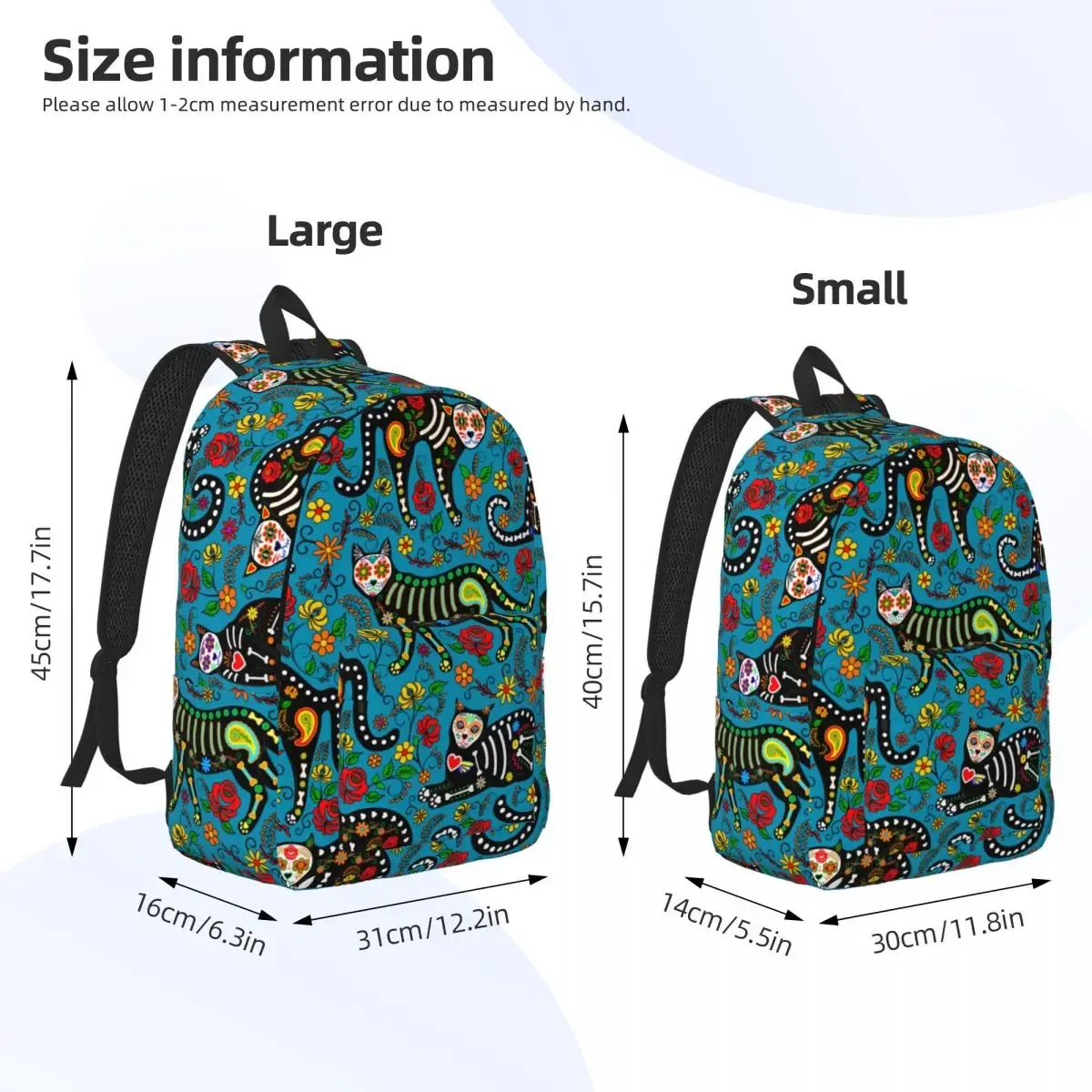 sac à dos d'école de grande capacité pour hommes et femmes, sac à dos étudiant, calavera, crâne de sucre, chats noirs, le jour de la fréquence