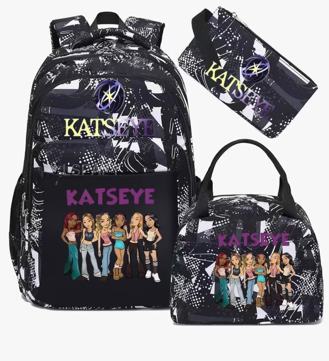 sacs d'école imprimés fashion katseye, ensemble de 3 pièces, sac à dos pour l'école primaire, garçons et filles, sac à dos de sport avec sac à lunch et trousse à crayons