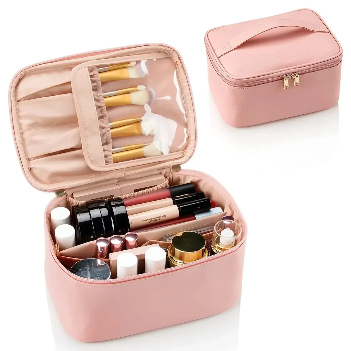 sac de voyage portable grande capacité pour maquillage, organiseur de cosmétiques avec compartiments, étui de transport en pu à poignée