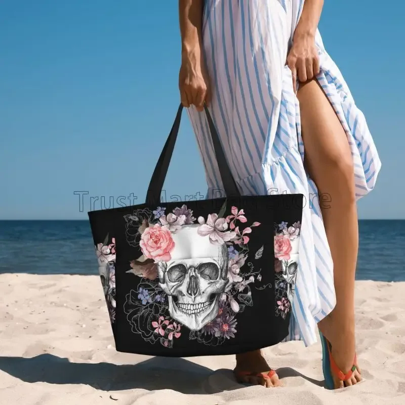 grand sac de plage étanche pour femme, crâne de sucre, fleur d'halloween, sac fourre-tout de piscine anti-sable, natation, salle de sport, voyage, vacances