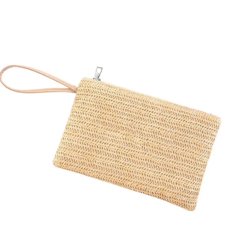 pochette brodée bohème en paille, portable avec fermeture éclair et dragonne, sac de rangement polyvalent pour demoiselle d'honneur, maquillage et vacances à la plage