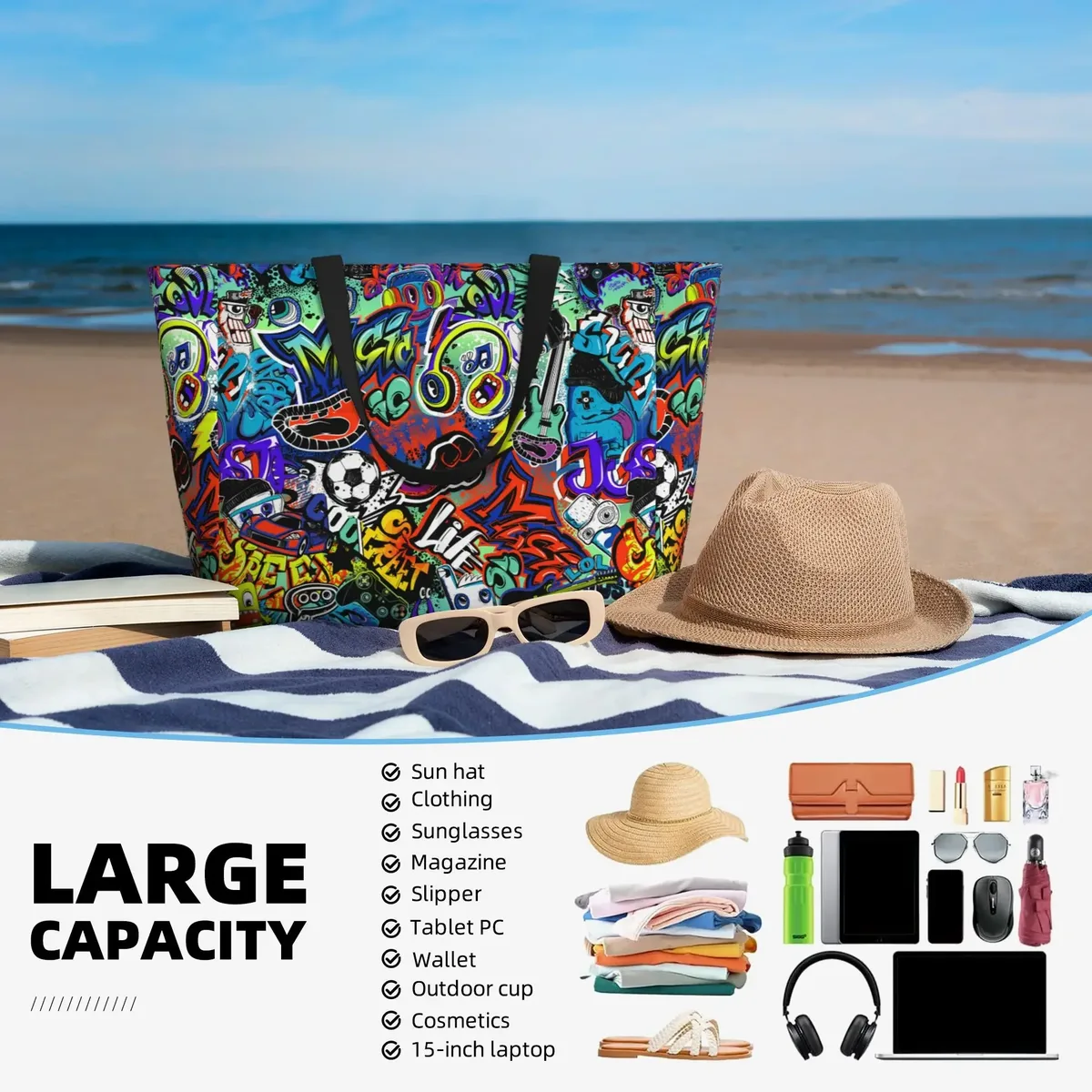 sacs fourre-tout de plage étanches pour femmes, sacs de rangement de grande capacité, sac à main initié pour voyage, vacances, natation, graffiti