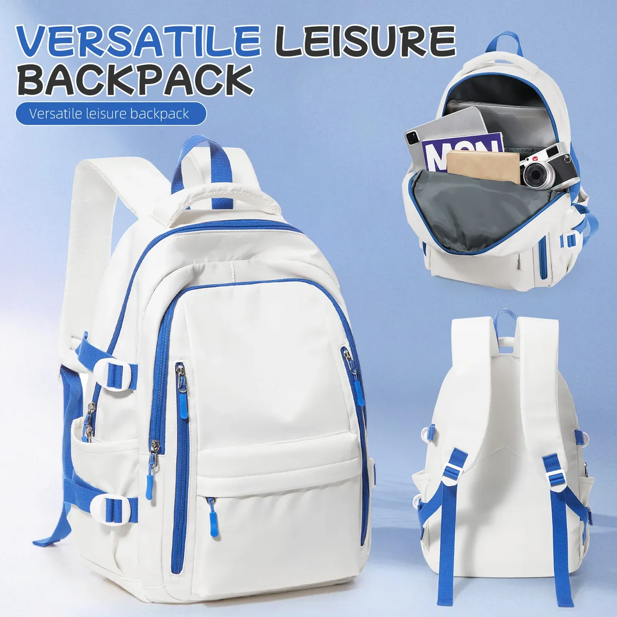 sac à dos de voyage décontracté antivol pour femme, design multi-poches en bleu clair durable pour l'école, le lycée et l'université