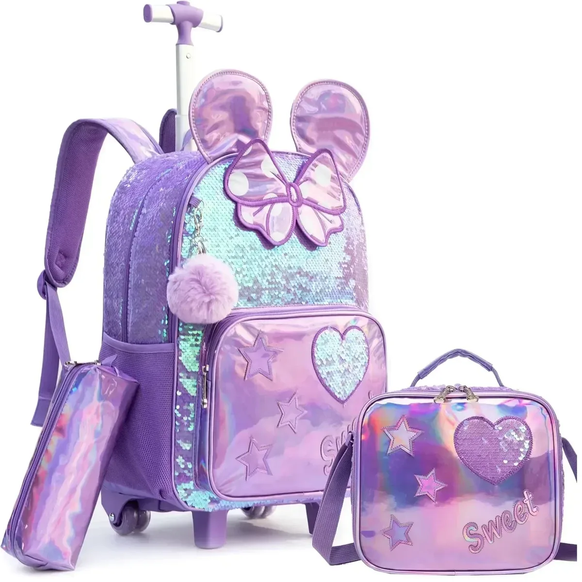 sac à dos roulant pour filles, pour enfants de l'école primaire, ensemble de sacs d'école à roulettes avec sac à déjeuner, sac à livres de voyage léger et durable mochila