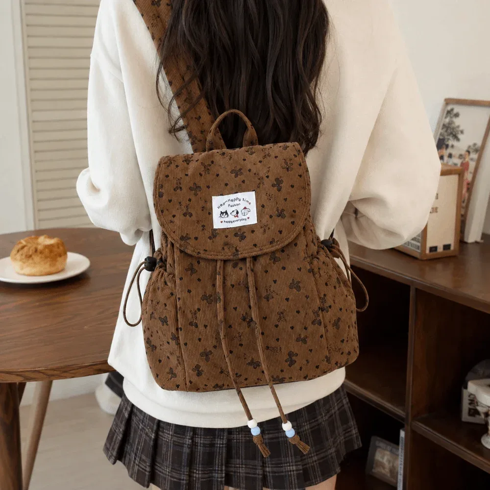 sac à dos en velours côtelé léger et mignon à imprimé nœud, grande capacité, décontracté, avec cordon de serrage, polyvalent, design simple, pour l'école