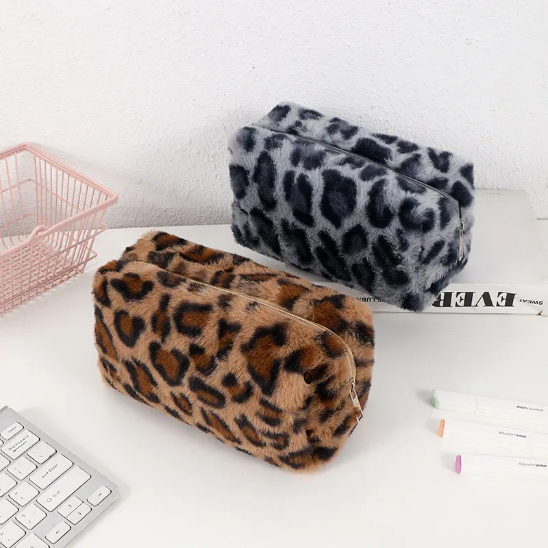 sac de rangement en peluche douce léopard pour femme, trousse de toilette, sac à main de maquillage, trousse à crayons, trousse de voyage, rouge à lèvres, brosse, cosmétiques, évaluateurs