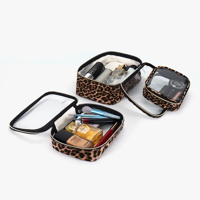 sac de maquillage transparent imprimé léopard, étanche, grande capacité, portable, rangement d'articles de toilette de voyage, organisateur de cosmétiques avec fermeture éclair