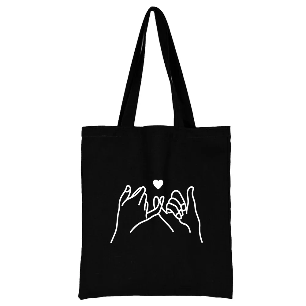 sac de shopping en toile noire pour femmes, fourre-tout décontracté réutilisable, sac à bandoulière à motif blanc imprimé, sac à main pliable de grande capacité