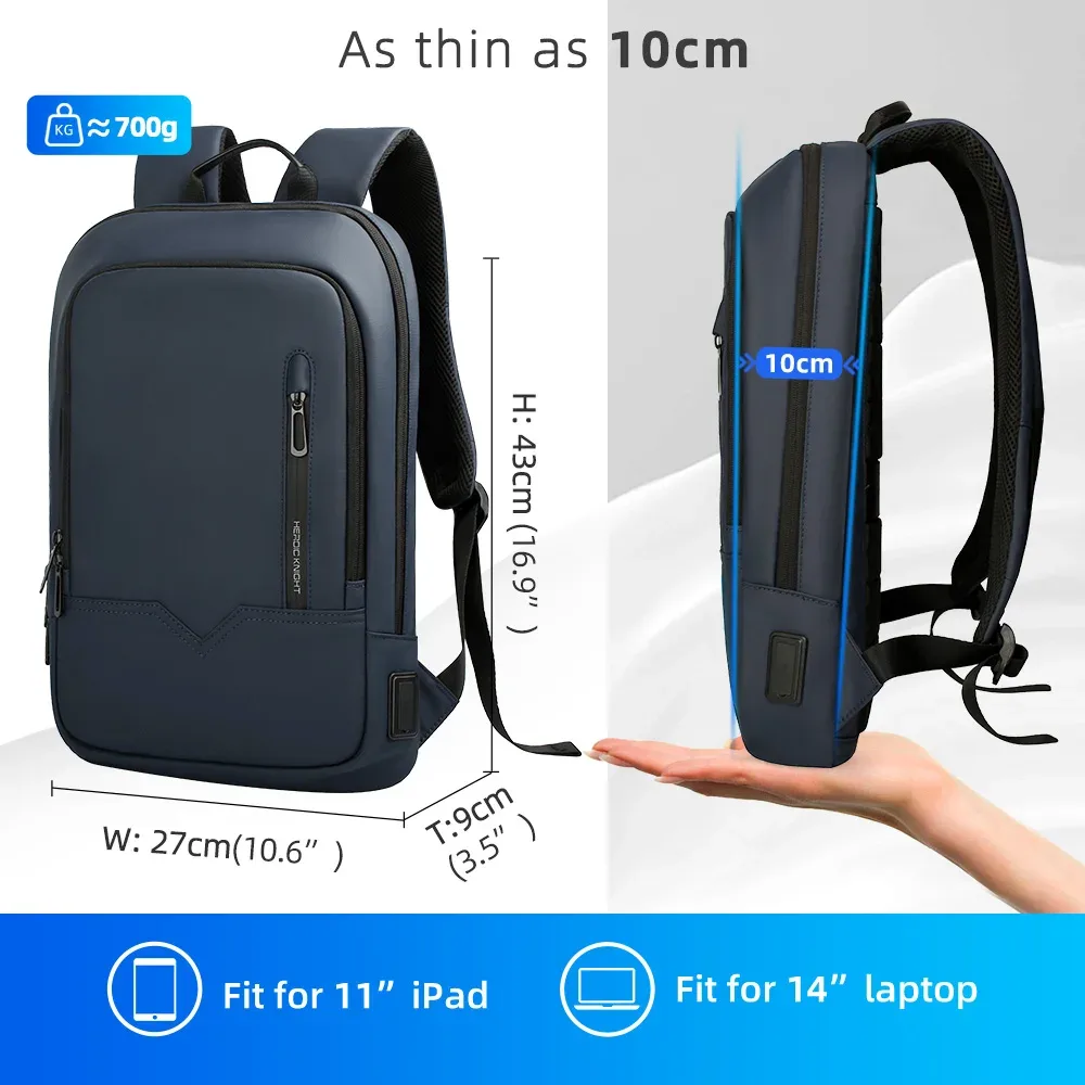 hcankcan-sac à dos mince pour homme, sacoche pour ordinateur portable 14 pouces, business, multifonctionnel, étanche, école, unisexe, décontracté, voyage, noir