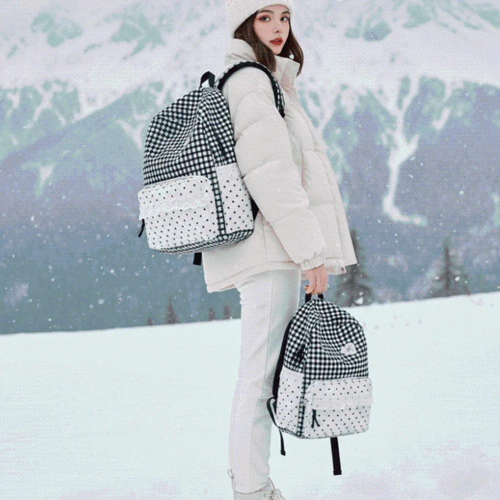 sac à dos en tissu vichy de style coréen, couleurs pastel, design à volants, sac d'école en dentelle, bretelles réglables, sac à dos à pois et à carreaux pour les voyages quotidiens.