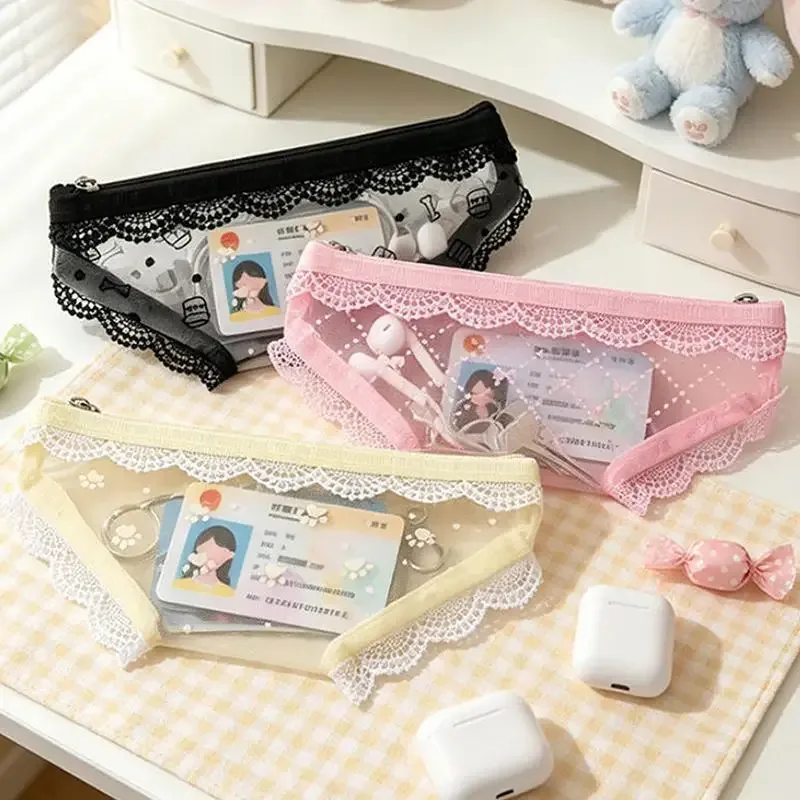 trousse à maquillage en forme de sous-vêtement mignon, en dentelle et maille transparente, pochette de rangement pour maquillage, trousse à crayons, usage quotidien/voyage