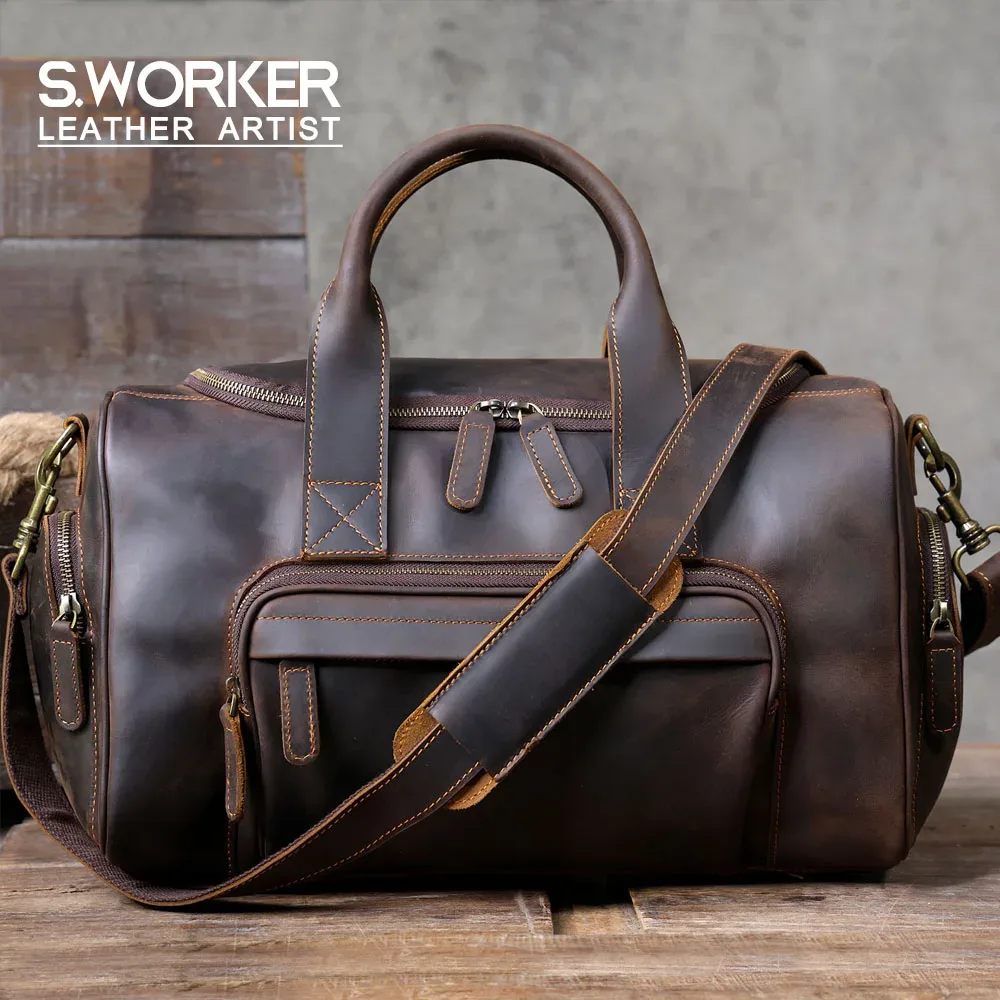 s.worker vintage sac de voyage en cuir véritable crazy horse cuir de vachette sac polochon sac de week-end pour hommes sac de sport bagage à main
