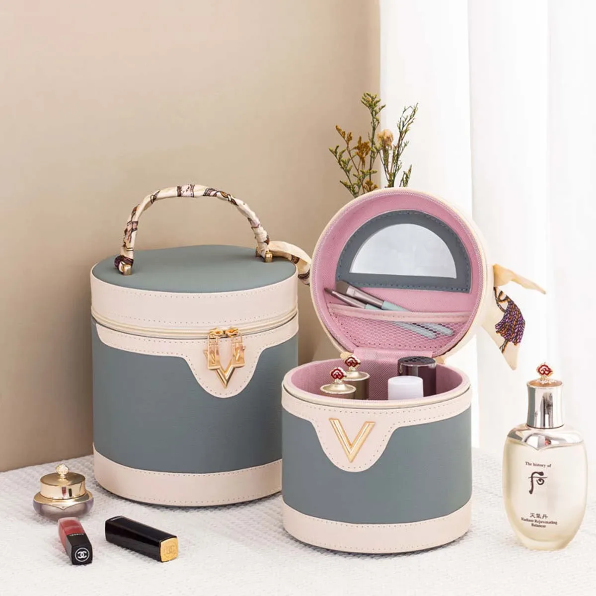 sac seau à motif litchi, trousse de maquillage grande capacité avec poignée, sac de maquillage multifonctionnel, imperméable, portable, vente en gros