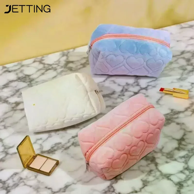 Sac de maquillage en peluche à motif d'amour pour femmes, grands sacs à cosmétiques portables de voyage et de transport, trousse de toilette à fermeture éclair, sacs de rangement de lavage