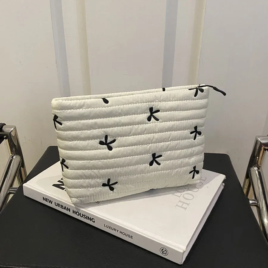 trousse de maquillage mignonne avec fermeture éclair, sac à cosmétiques de grande capacité, sac de rangement de lavage avec nœud brodé