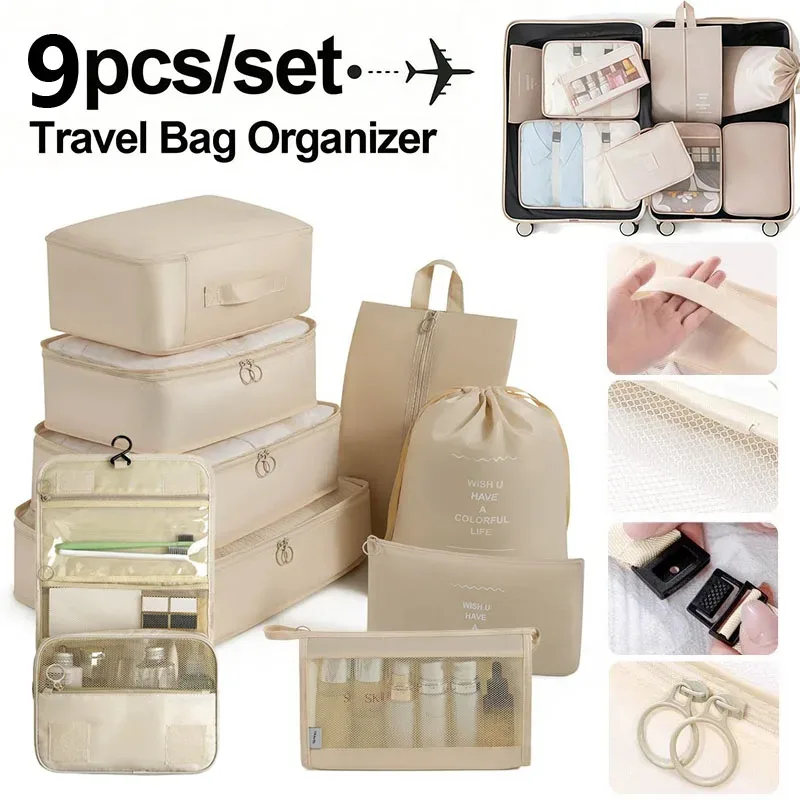 Ensemble d'organisateurs de voyage 7/8/9 pièces, cubes de rangement pour valise, sacs de rangement portables pour bagages, pochette de rangement pour vêtements et chaussures, pliable