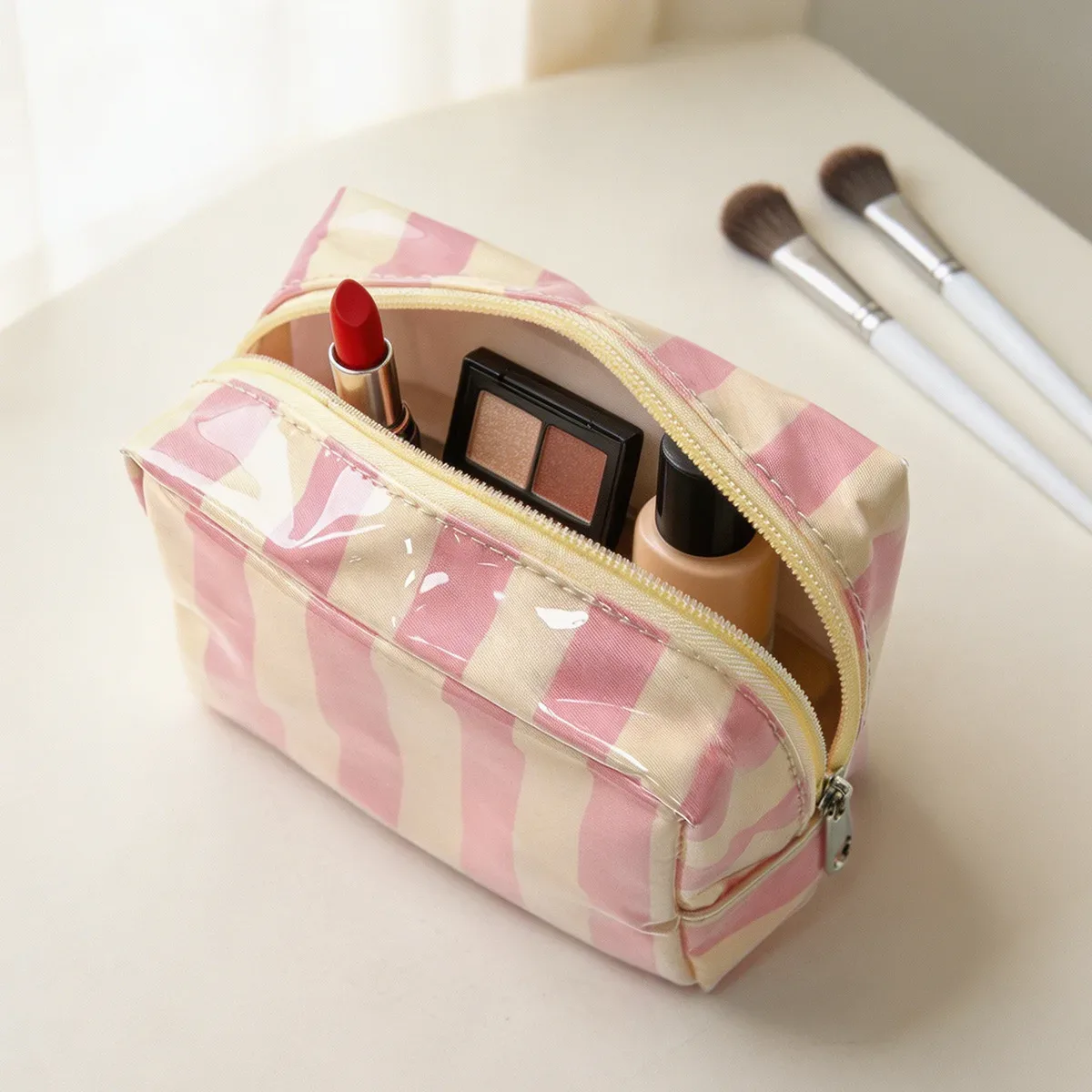 sac à cosmétiques rayé japonais et coréen avec fermeture éclair, trousse de toilette étanche pour voyage, petite trousse de maquillage mignonne
