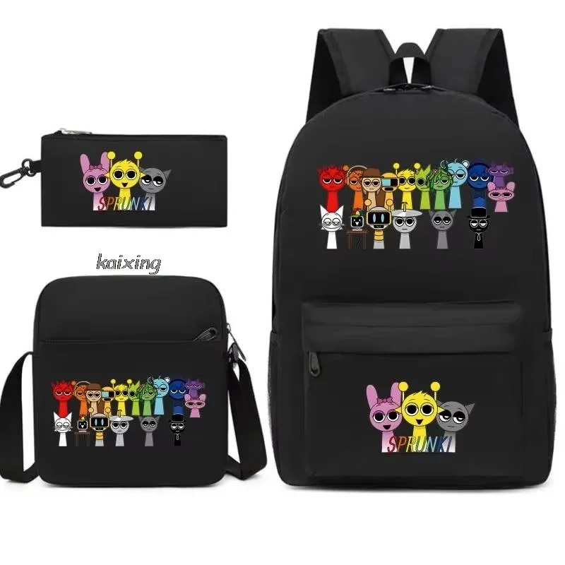 ensemble de 3 sacs à dos sprunki à imprimé anime, avec sac fourre-tout et pochette, grande capacité, léger et respirant, sac à dos décontracté tendance