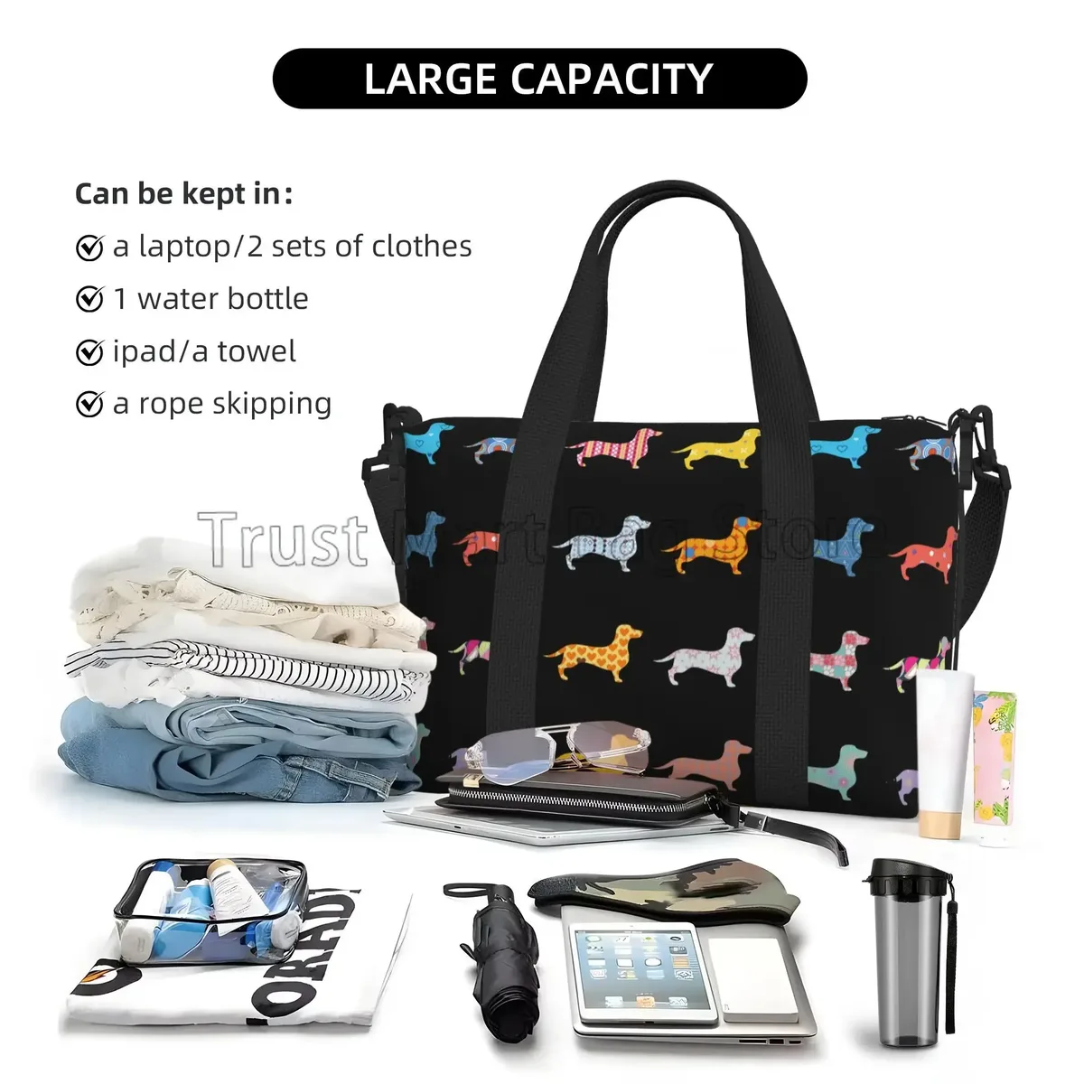 sac de sport personnalisé durable unisexe, sacs de voyage mignons, grands sacs d'entraînement, sac de week-end, sac de nuit, salle de sport, chiens teckel