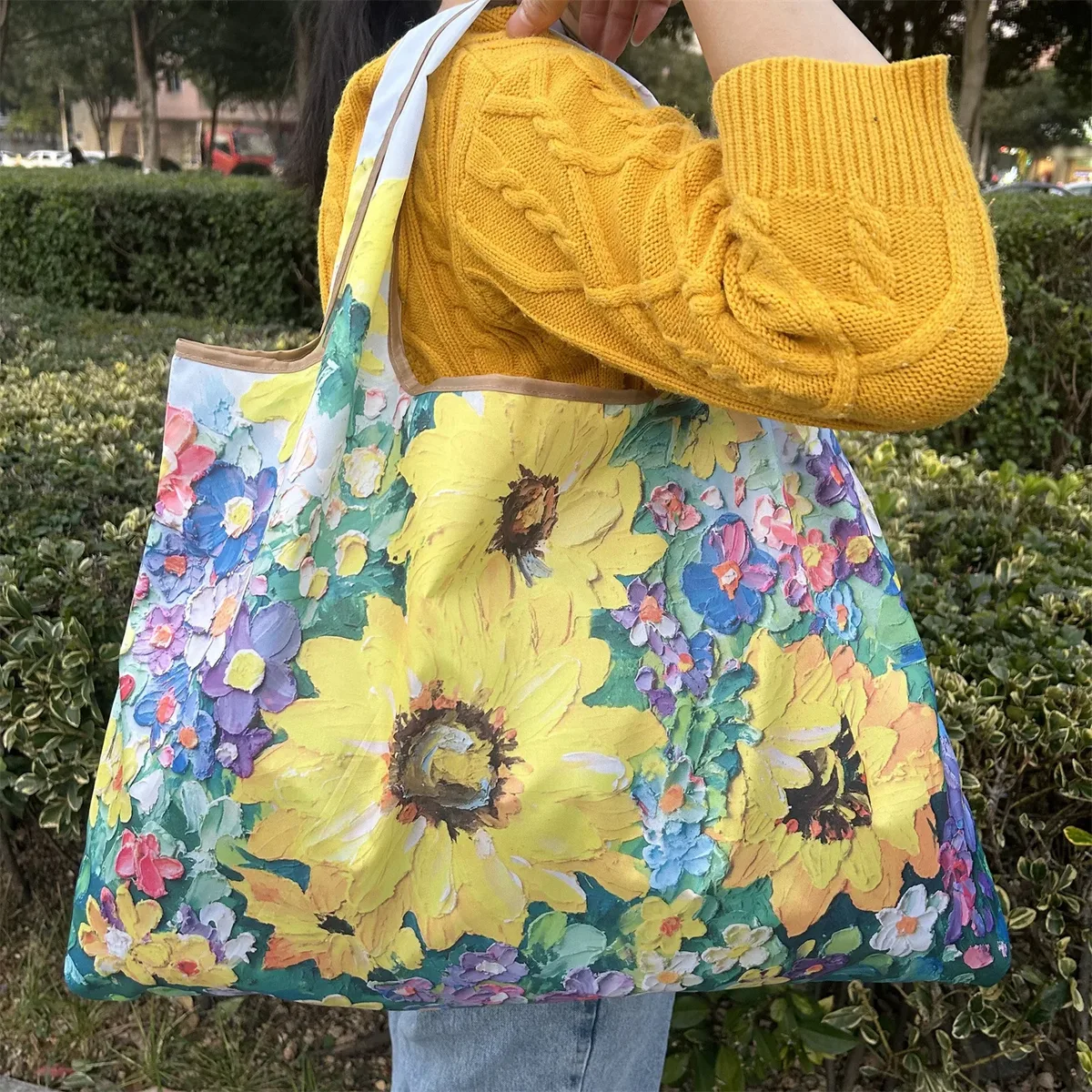 sac fourre-tout pliable de grande capacité, style peinture vintage, sac de courses durable en nylon résistant aux déchirures, lavable en machine