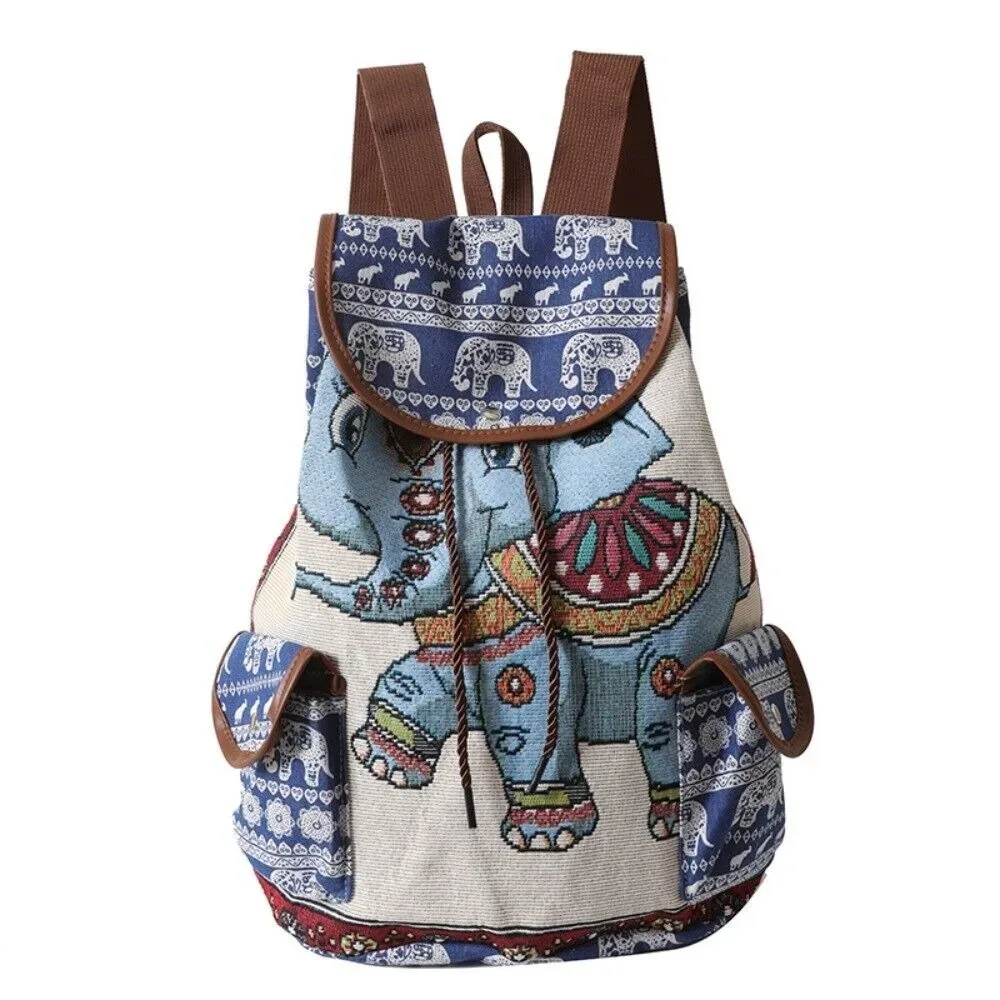 sac à dos décontracté en toile brodé style ethnique jacquard avec motif éléphant et hibou, sac seau à cordon pour la plage