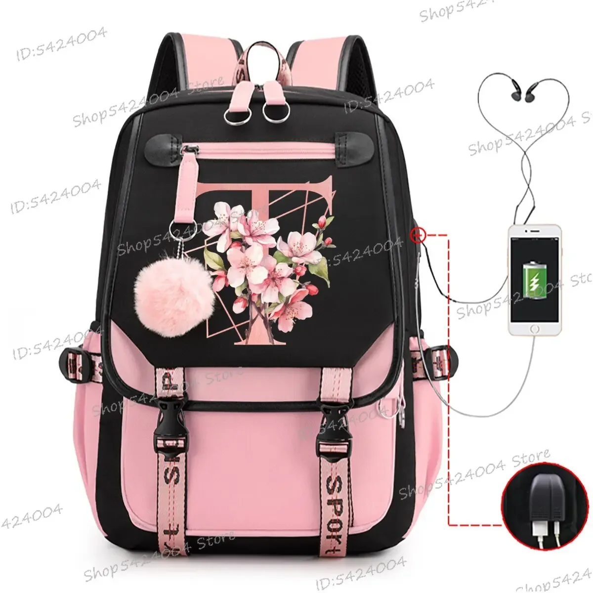 collège étudiants sacs d'école rose sakura lettres r mode voyage sac à dos adolescentes noir rose cartable a-z dessin animé cartable