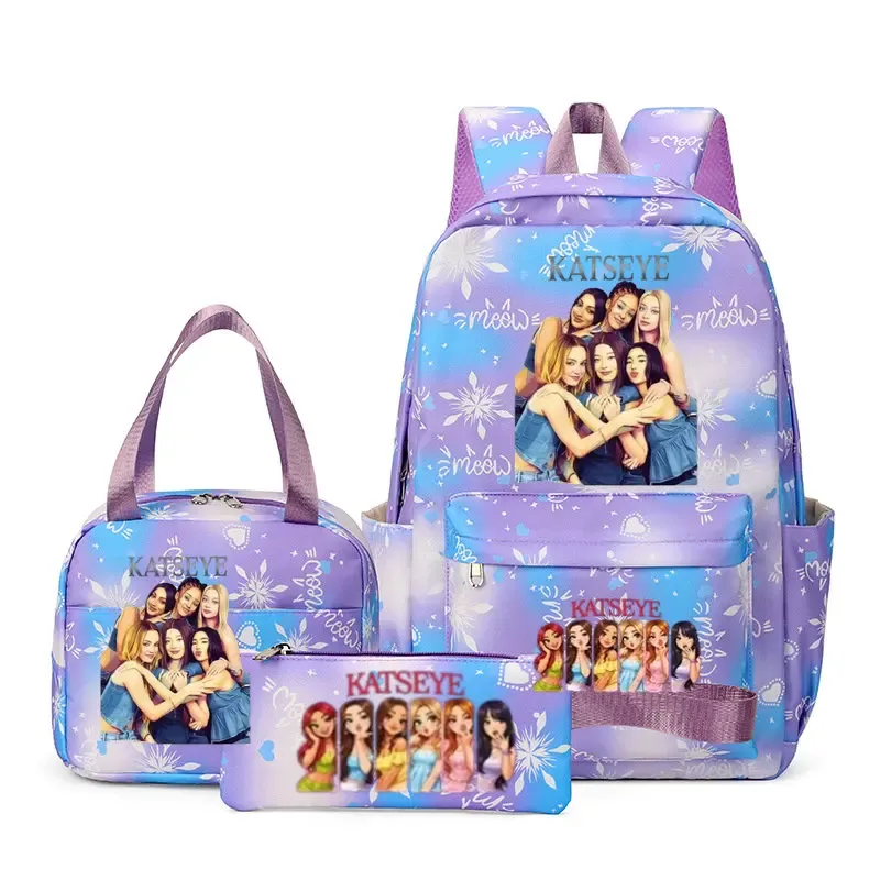 sacs à dos katseye à imprimé amusant, ensemble de 3 pièces, sacs d'école en nylon pour ordinateur portable pour femmes, pour adolescentes, garçons, étudiants, enfants, kawaii