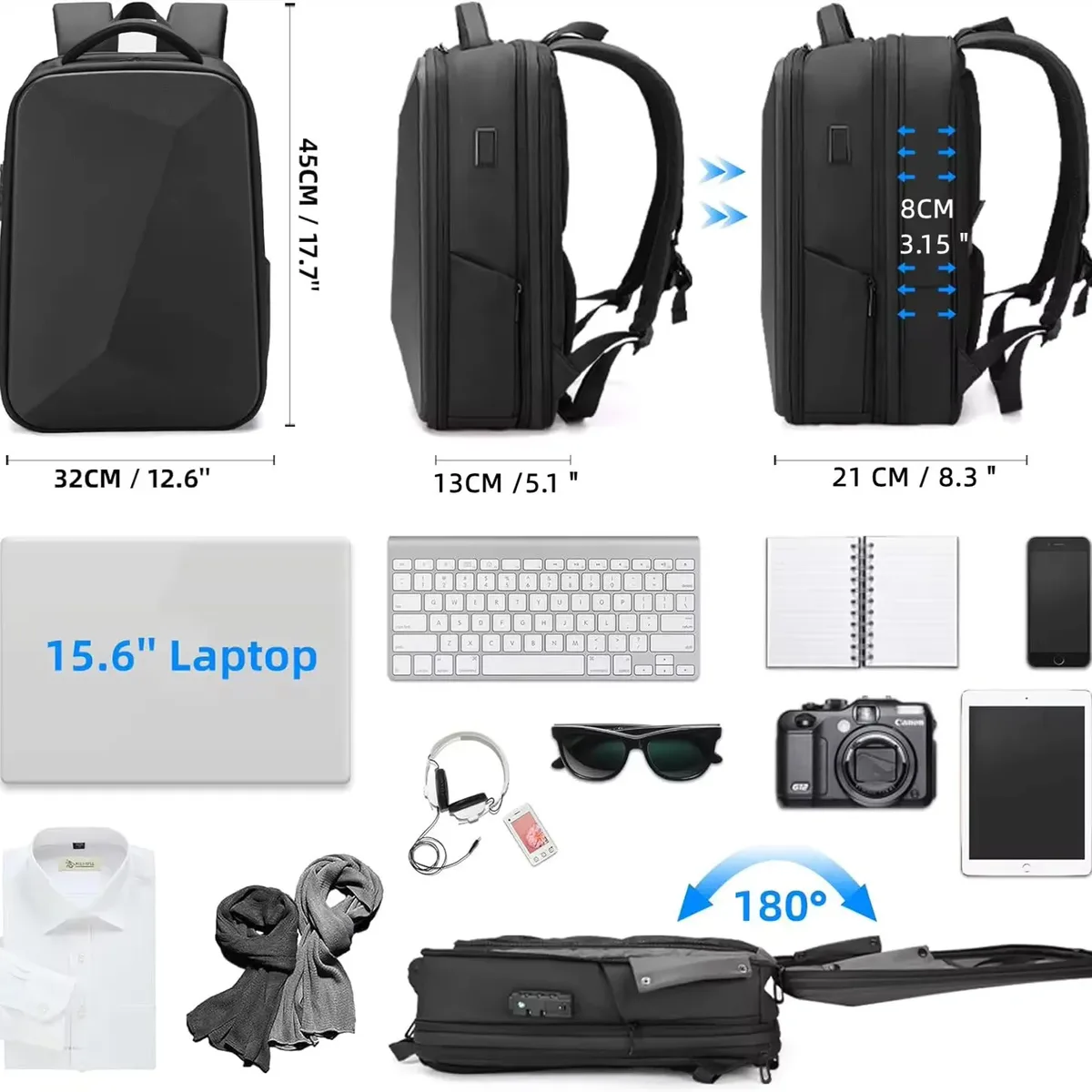 sac à dos pour ordinateur portable 15.6 pouces pour hommes, sac de voyage extensible, étanche, antivol, sac à dos d'affaires, chargeur usb, coque rigide abs