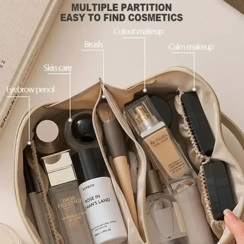 trousse de maquillage de voyage, grande capacité, trousse de maquillage pour femmes, sac portable imperméable à ouverture plate, avec séparateur et poignée