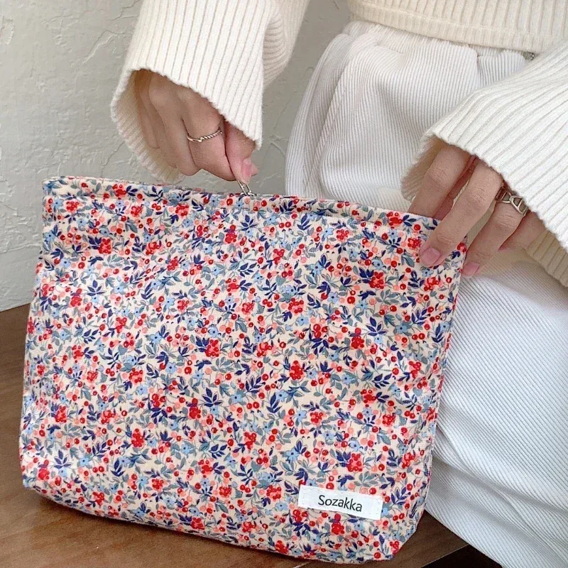 sac à cosmétiques rétro à fleurs, pochette de maquillage, trousse de toilette portable de grande capacité, organisateur de soins de la peau, pochette quotidienne