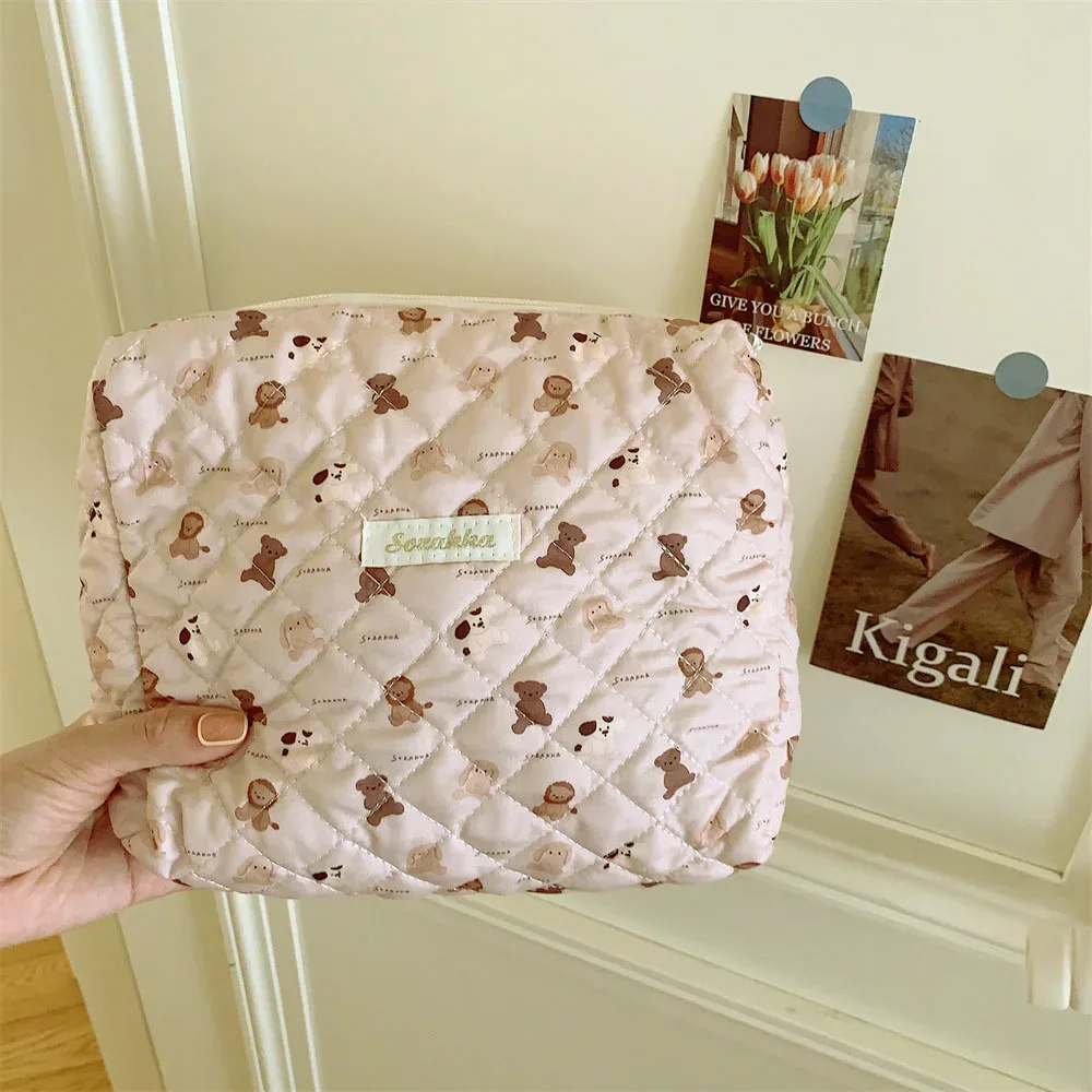 sac de rangement de voyage en coton matelassé pour femmes, sacs à cosmétiques rétro cerise, design mignon, trousse à crayons pour filles, trousse de maquillage, sacs à main