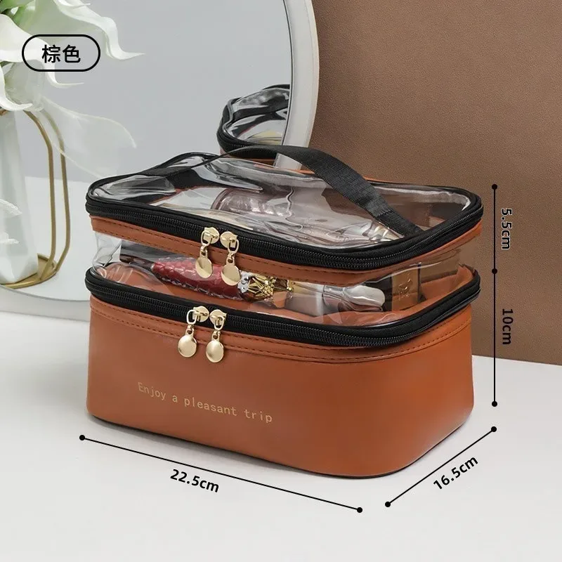 sac à cosmétiques double transparent en pu, sac de lavage portable, sacs de maquillage de grande capacité, trousse de toilette de voyage étanche, sacs de rangement