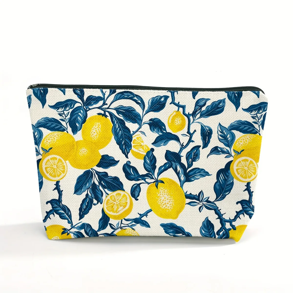 sac à cosmétiques chic en polyester pour femmes, pochette de toilette durable à imprimé citron et floral avec fermeture éclair, porte-monnaie, sac de rangement, trousse à crayons