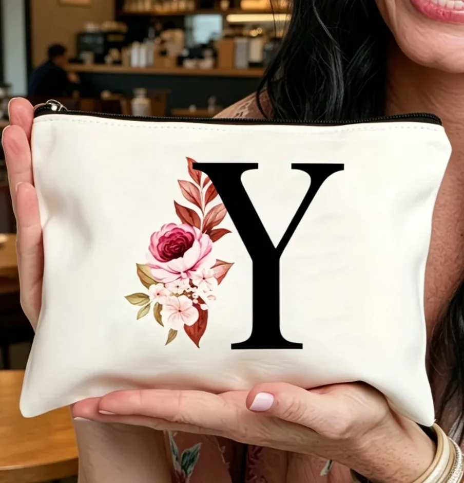 sac à fermeture éclair élégant avec motif de lettres et de fleurs, trousse de maquillage polyvalente, trousse à cosmétiques légère pour femmes a-z, 1 pièce