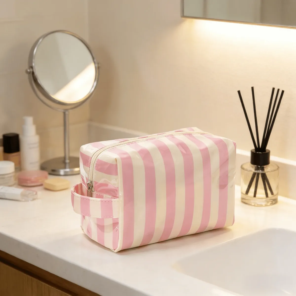 sac de maquillage élégant à rayures roses, sac de voyage portable de grande capacité, sac de rangement pour rouge à lèvres, sac à main, sac cosmétique, trousse de toilette, cadeaux pour filles