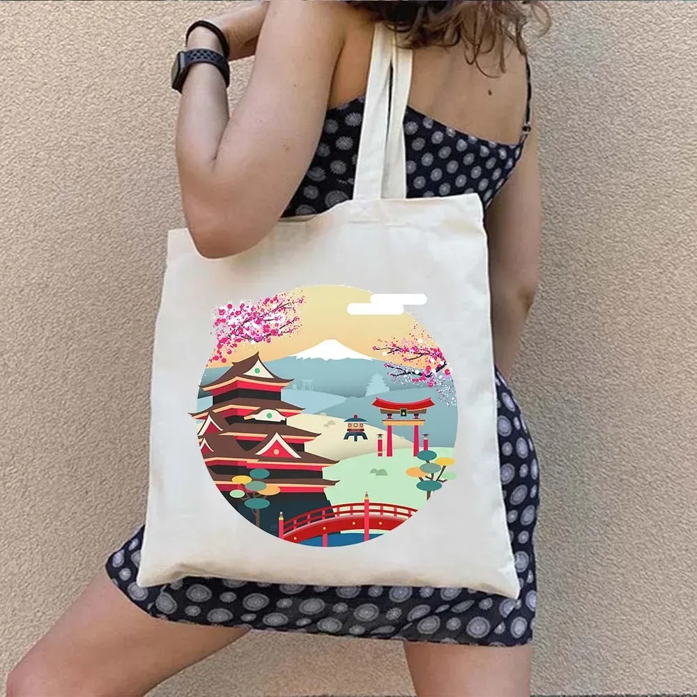 sac fourre-tout en toile à bandoulière pour le shopping, motif maneki neko, chat porte-bonheur japonais mignon, style mont fuji, style japonais, geisha de kyoto, tokyo japon