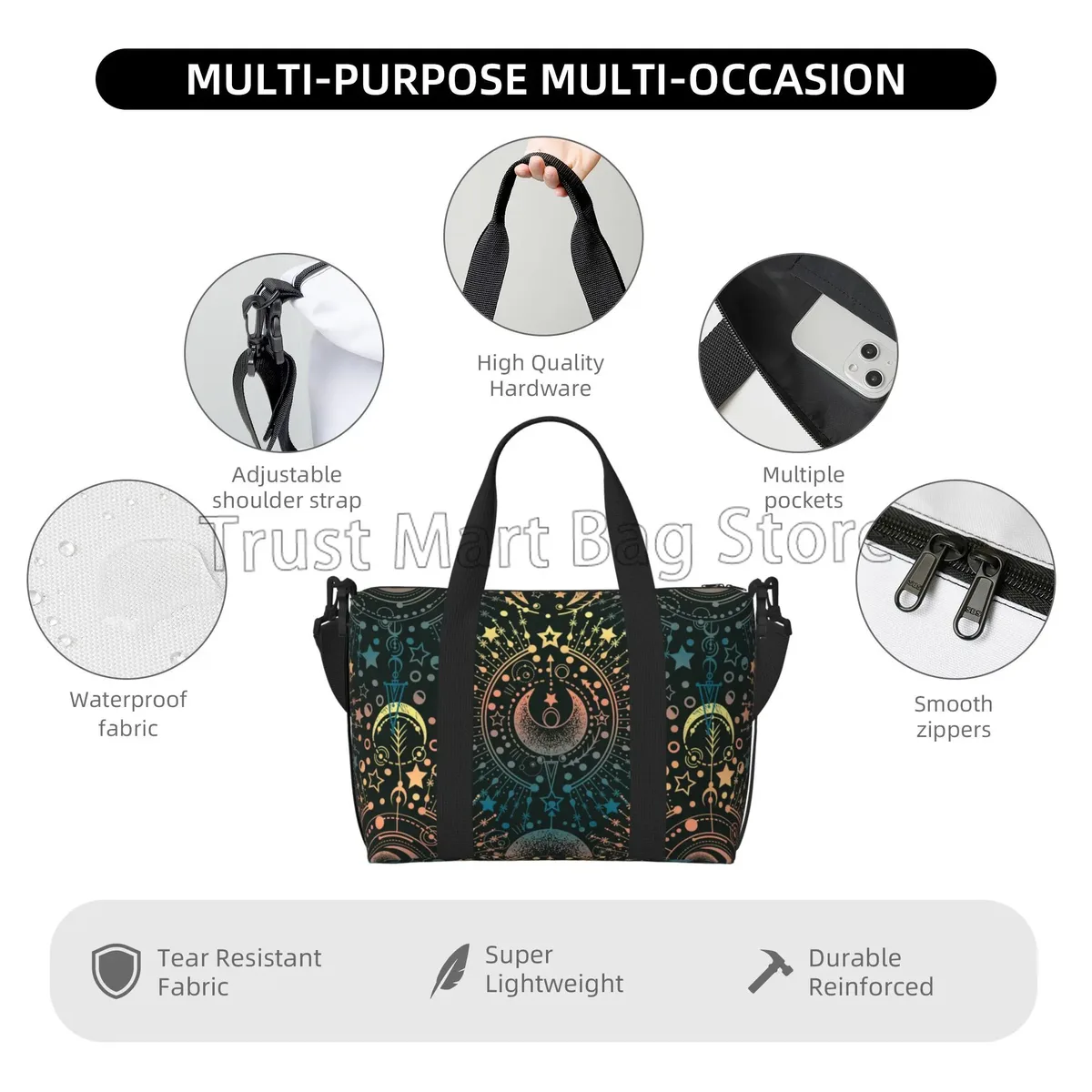 sacs de sport imperméables unisexes, sac de voyage à imprimé magique alchemy moon star, sacs à main de sport, sac à bagages de nuit et de week-end