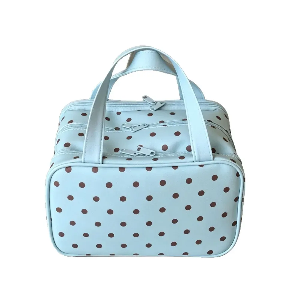 sac de maquillage portable à pois, multifonctionnel, à trois compartiments, en pu, grande capacité, imperméable, sac de rangement de voyage
